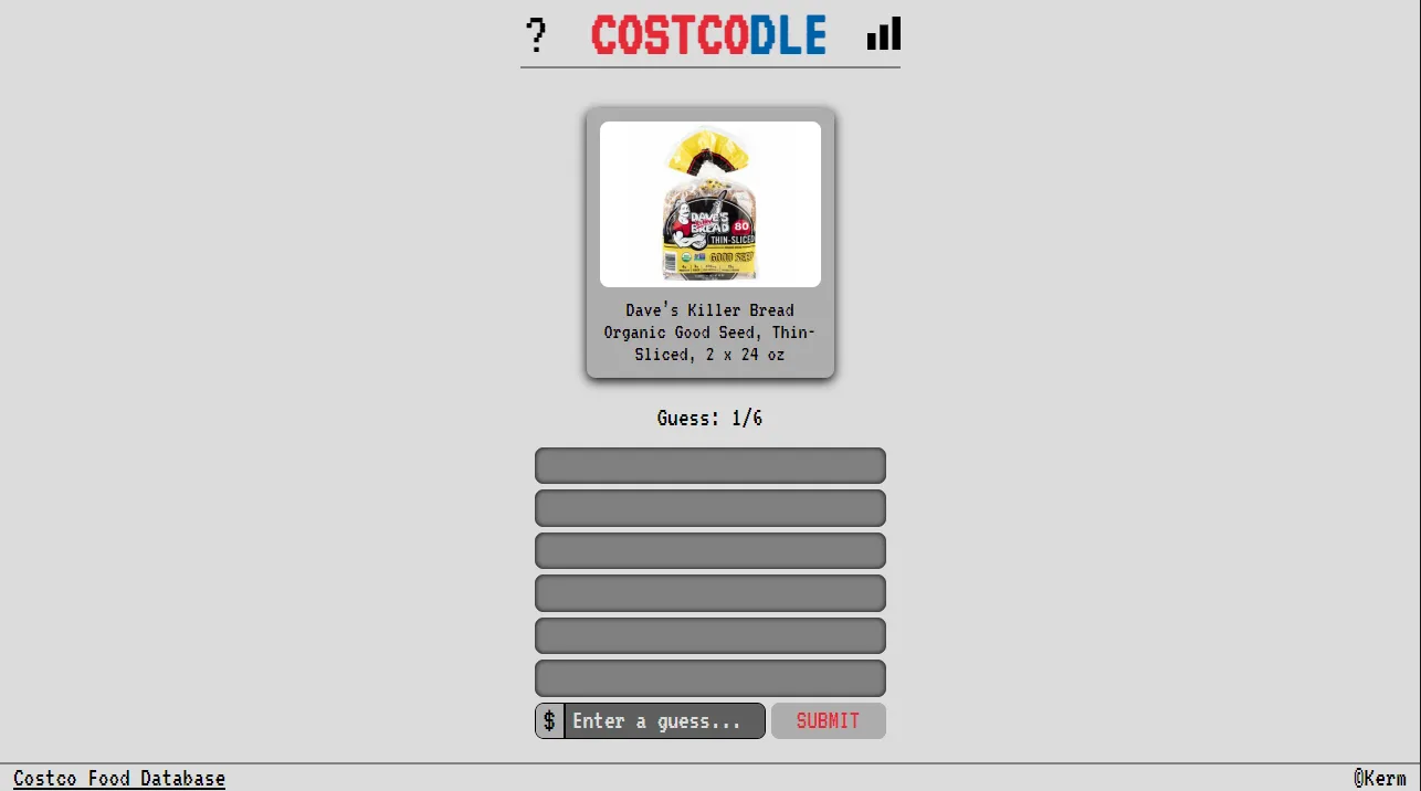 Official Costcodle game screen showing a price guess and higher-or-lower arrows